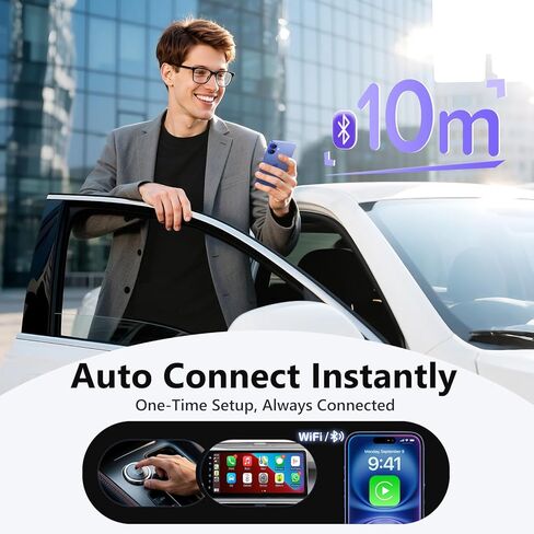 محول CarPlay لاسلكي لهاتف iPhone، تحويل سلكي إلى محول CarPlay لاسلكي، حجم صغير مع كابل تمديد USB وUSB-C/Type-C، تحكم ثابت في السيارة وبدون تأخير in Kuwait
