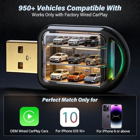 محول CarPlay اللاسلكي لهاتف Apple iPhone - تحويل سلكي إلى تشغيل سيارة لاسلكي، موصل صغير ومطلي بالذهب، شريحة A8، توصيل تلقائي سريع، توصيل وتشغيل USB A/C، لهاتف iPhone iOS 10+ والسيارات من 2016+ in Kuwait