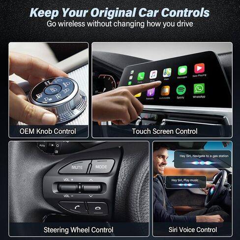 محول CarPlay اللاسلكي لهاتف Apple iPhone - تحويل سلكي إلى تشغيل سيارة لاسلكي، موصل صغير ومطلي بالذهب، شريحة A8، توصيل تلقائي سريع، توصيل وتشغيل USB A/C، لهاتف iPhone iOS 10+ والسيارات من 2016+ in Kuwait