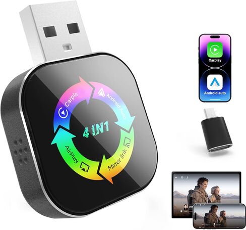 محول Carplay اللاسلكي المحسن لعام 2026، 4 في 1 يدعم مرآة الشاشة/AirPlay لـ Apple CarPlay وAndroid Auto، محول تشغيل السيارة USB/Type-C صغير، سلكي إلى لاسلكي بدون زمن الوصول in Kuwait