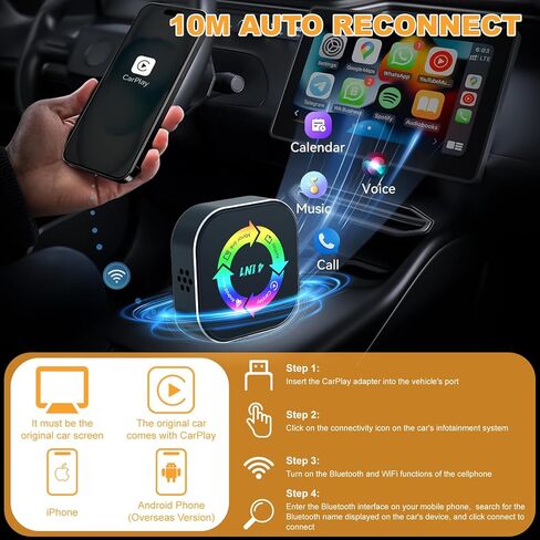 محول Carplay اللاسلكي المحسن لعام 2026، 4 في 1 يدعم مرآة الشاشة/AirPlay لـ Apple CarPlay وAndroid Auto، محول تشغيل السيارة USB/Type-C صغير، سلكي إلى لاسلكي بدون زمن الوصول in Kuwait