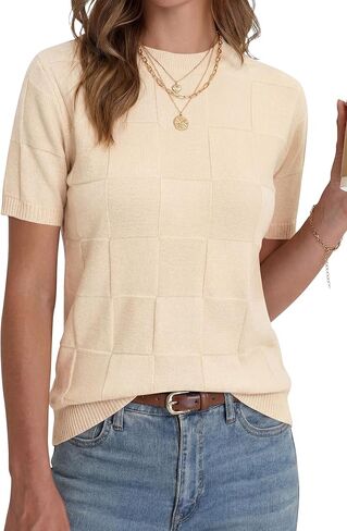 Cakulo Womens Short Sleeve Knit Sweater Checkered Business Casual Work Tops 2026 Spring Summer Vacation Outfits Apricot L in Saudi Arabia