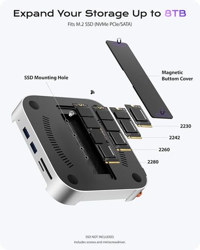 حامل Stouchi Mac mini M4 مع حاوية SSD سعة 8 تيرابايت NVMe SATA، 2 * USB A 10 جيجابت في الثانية، 4K@60 هرتز HDMI، فتحة SD/TF، ​​2 * منفذ بيانات USB A، صوت 3.5 مم، زر طاقة سهل وواي فاي مستقر لجهاز Mac mini M4/Pro 2024 in Kuwait