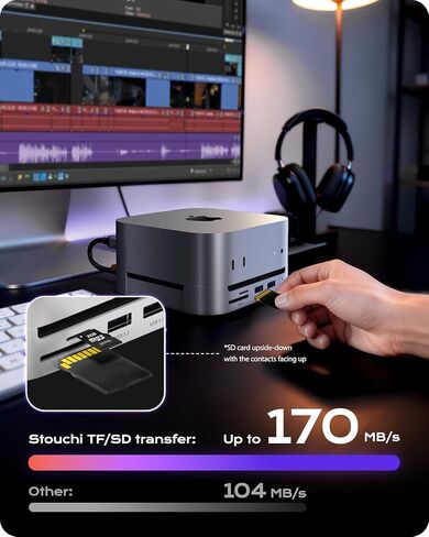 حامل Stouchi Mac mini M4 مع حاوية SSD سعة 8 تيرابايت NVMe SATA، 2 * USB A 10 جيجابت في الثانية، 4K@60 هرتز HDMI، فتحة SD/TF، ​​2 * منفذ بيانات USB A، صوت 3.5 مم، زر طاقة سهل وواي فاي مستقر لجهاز Mac mini M4/Pro 2024 in Kuwait
