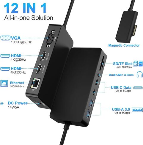 Surface Docking Station Triple Displays Dual HDMI + VGA with Power Adapter,12 in 1 Surface Dock 2 for Microsoft Surface Pro 12/11/10/9/8/X/7/6/5/4/3,Surface Laptop 7/6/5/4/3/2/1,Surface Book Go in Saudi Arabia