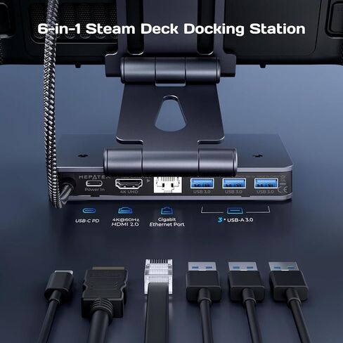 محطة إرساء Steam Deck Dock: حامل قابل للتعديل 6 في 1 ملحقات سطح تيار محوري مع HDMI 2.0 4K@60 هرتز TV/1Gb Ethernet/3*USB-A 3.0/PD 3.0 شحن سريع للبخار، iPad، والهواتف الذكية الأخرى باللون الأسود in Kuwait