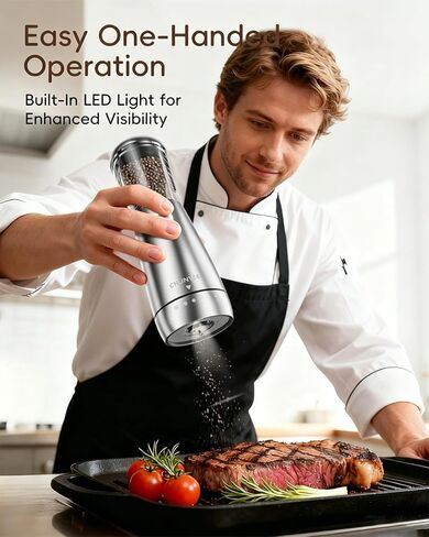 Electric Salt and Pepper Grinder Set - Automatic Stainless Steel Rechargeable Salt and Pepper Grinder Set with Storage Base, Large Capacity, LED Light & Adjustable Coarseness, Ideal Kitchen Gadget in Saudi Arabia