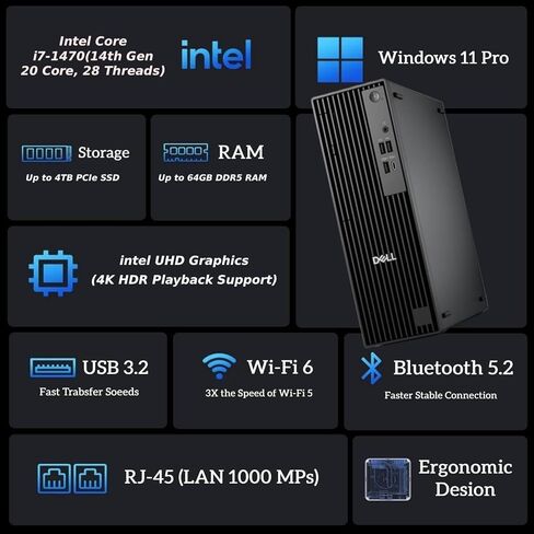 كمبيوتر مكتبي للأعمال Dell Pro Slim QCS1250، إصدار OptiPlex جديد، Intel Core i7-14700 (20 نواة، 28 خيط)، ذاكرة وصول عشوائي DDR5 سعة 16 جيجابايت، محرك أقراص PCIe SSD بسعة 512 جيجابايت، تصميم فائق الهدوء، دعم شاشة 4K مزدوجة، USB-C، Windows 11 in Saudi Arabia