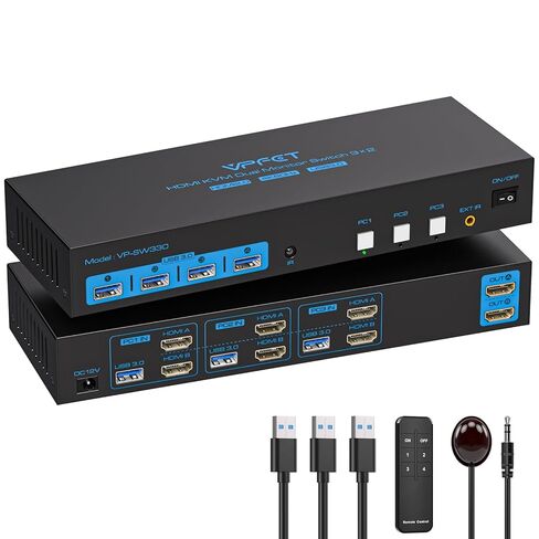 KVM Switch 2 شاشات 3 أجهزة كمبيوتر محاكاة EDID 4K @ 60 هرتز 3 منافذ HDMI KVM مفاتيح شاشة مزدوجة لـ 3 أجهزة كمبيوتر مشاركة 4 منافذ USB 3.0 وشاشتين مع وحدة تحكم سطح المكتب in Kuwait