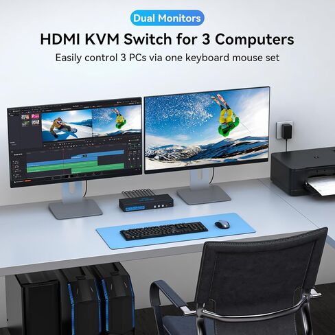 KVM Switch 2 شاشات 3 أجهزة كمبيوتر محاكاة EDID 4K @ 60 هرتز 3 منافذ HDMI KVM مفاتيح شاشة مزدوجة لـ 3 أجهزة كمبيوتر مشاركة 4 منافذ USB 3.0 وشاشتين مع وحدة تحكم سطح المكتب in Kuwait