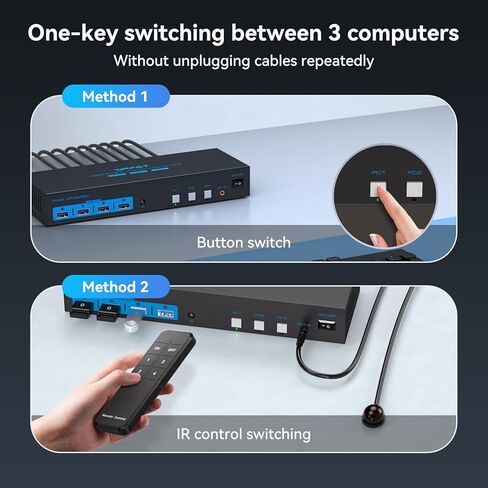 KVM Switch 2 شاشات 3 أجهزة كمبيوتر محاكاة EDID 4K @ 60 هرتز 3 منافذ HDMI KVM مفاتيح شاشة مزدوجة لـ 3 أجهزة كمبيوتر مشاركة 4 منافذ USB 3.0 وشاشتين مع وحدة تحكم سطح المكتب in Kuwait