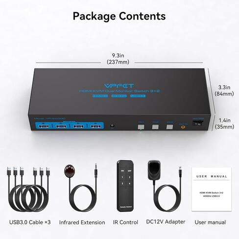 KVM Switch 2 شاشات 3 أجهزة كمبيوتر محاكاة EDID 4K @ 60 هرتز 3 منافذ HDMI KVM مفاتيح شاشة مزدوجة لـ 3 أجهزة كمبيوتر مشاركة 4 منافذ USB 3.0 وشاشتين مع وحدة تحكم سطح المكتب in Kuwait