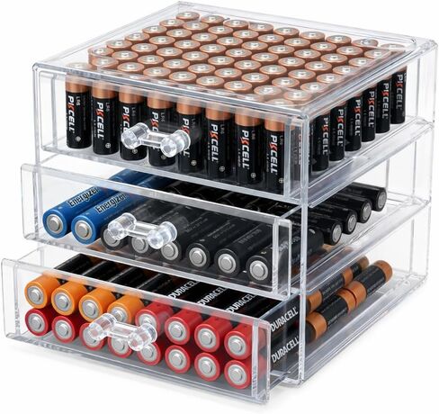 Battery Organizer,Clear Battery Storage Box with lid,3-Drawer Battery Storage Case Removable Dividers for Common Types Batteries,Battery Holder Organizer for AA,AAA,C,9V,D Household Container(Clear) in Saudi Arabia