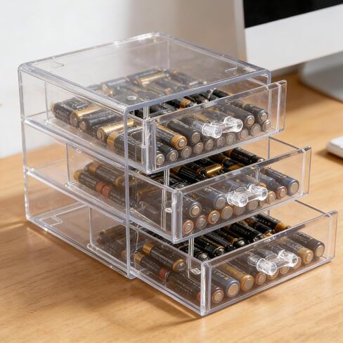 Battery Organizer,Clear Battery Storage Box with lid,3-Drawer Battery Storage Case Removable Dividers for Common Types Batteries,Battery Holder Organizer for AA,AAA,C,9V,D Household Container(Clear) in Saudi Arabia