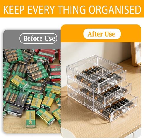 Battery Organizer,Clear Battery Storage Box with lid,3-Drawer Battery Storage Case Removable Dividers for Common Types Batteries,Battery Holder Organizer for AA,AAA,C,9V,D Household Container(Clear) in Saudi Arabia
