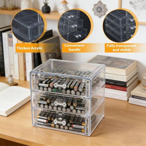 Battery Organizer,Clear Battery Storage Box with lid,3-Drawer Battery Storage Case Removable Dividers for Common Types Batteries,Battery Holder Organizer for AA,AAA,C,9V,D Household Container(Clear) in Saudi Arabia