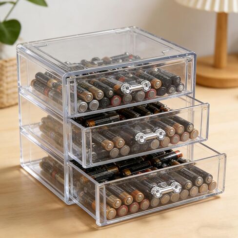Battery Organizer,Clear Battery Storage Box with lid,3-Drawer Battery Storage Case Removable Dividers for Common Types Batteries,Battery Holder Organizer for AA,AAA,C,9V,D Household Container(Clear) in Saudi Arabia