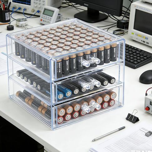 Battery Organizer,Clear Battery Storage Box with lid,3-Drawer Battery Storage Case Removable Dividers for Common Types Batteries,Battery Holder Organizer for AA,AAA,C,9V,D Household Container(Clear) in Saudi Arabia