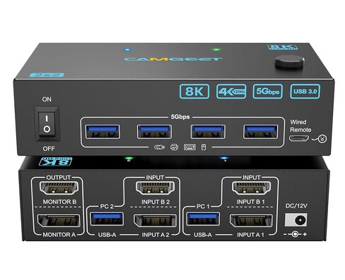 4K @ 144 هرتز KVM Switch 2 شاشات 2 جهاز كمبيوتر Displayport HDMI، USB3.0 Dual Monitor KVM Switch لجهازي كمبيوتر يشاركان شاشتين و4 أجهزة طرفية USB، محول سلكي عن بعد 12 فولت و2 كابل USB in Kuwait