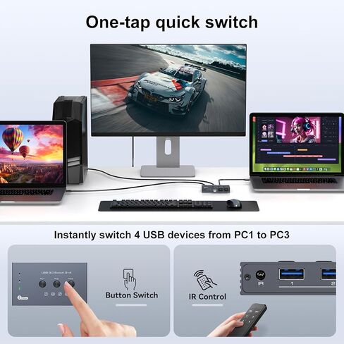 THXCDBID USB 3.0 Switch 3 أجهزة كمبيوتر مشاركة 4 USB-A Port USB Switch Selector 5Gbps مشاركة لوحة المفاتيح والماوس والطابعة الماسح الضوئي يتضمن 3 كابلات إدخال USB 3.0 وجهاز تحكم عن بعد بالأشعة تحت الحمراء in Saudi Arabia