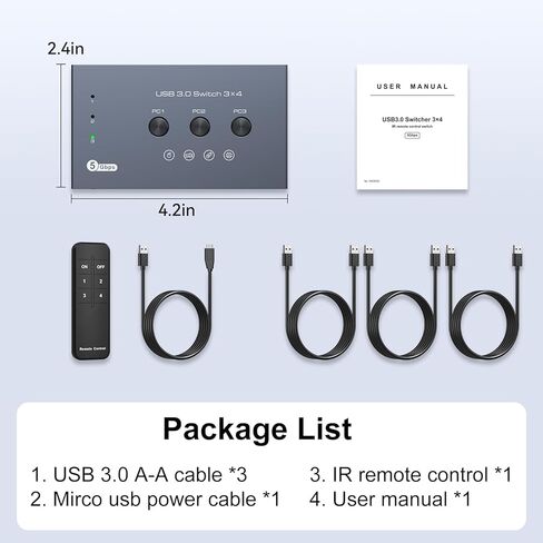 THXCDBID USB 3.0 Switch 3 أجهزة كمبيوتر مشاركة 4 USB-A Port USB Switch Selector 5Gbps مشاركة لوحة المفاتيح والماوس والطابعة الماسح الضوئي يتضمن 3 كابلات إدخال USB 3.0 وجهاز تحكم عن بعد بالأشعة تحت الحمراء in Saudi Arabia