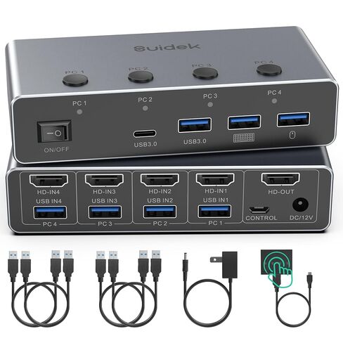 محول SUIDEK 8K@60 هرتز HDMI KVM 4 أجهزة كمبيوتر وشاشة واحدة - 4 منافذ USB 3.0 (3A+1C) مفاتيح KVM من الألومنيوم، مشاركة طابعة ماوس لوحة المفاتيح - تتضمن 4 كابلات USB، وحدة تحكم سطح المكتب ومحول طاقة 12 فولت in Kuwait