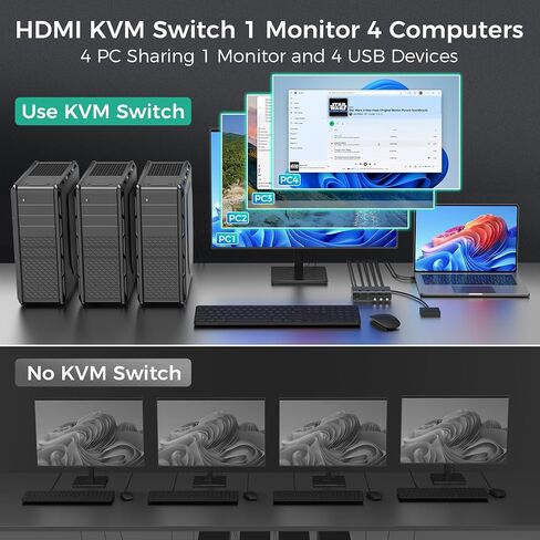محول SUIDEK 8K@60 هرتز HDMI KVM 4 أجهزة كمبيوتر وشاشة واحدة - 4 منافذ USB 3.0 (3A+1C) مفاتيح KVM من الألومنيوم، مشاركة طابعة ماوس لوحة المفاتيح - تتضمن 4 كابلات USB، وحدة تحكم سطح المكتب ومحول طاقة 12 فولت in Kuwait