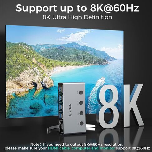 محول SUIDEK 8K@60 هرتز HDMI KVM 4 أجهزة كمبيوتر وشاشة واحدة - 4 منافذ USB 3.0 (3A+1C) مفاتيح KVM من الألومنيوم، مشاركة طابعة ماوس لوحة المفاتيح - تتضمن 4 كابلات USB، وحدة تحكم سطح المكتب ومحول طاقة 12 فولت in Kuwait