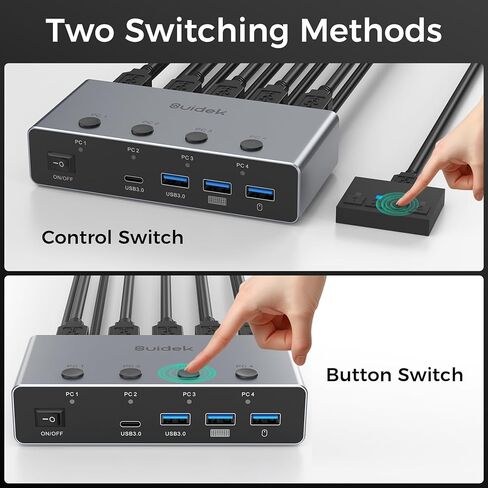 محول SUIDEK 8K@60 هرتز HDMI KVM 4 أجهزة كمبيوتر وشاشة واحدة - 4 منافذ USB 3.0 (3A+1C) مفاتيح KVM من الألومنيوم، مشاركة طابعة ماوس لوحة المفاتيح - تتضمن 4 كابلات USB، وحدة تحكم سطح المكتب ومحول طاقة 12 فولت in Kuwait
