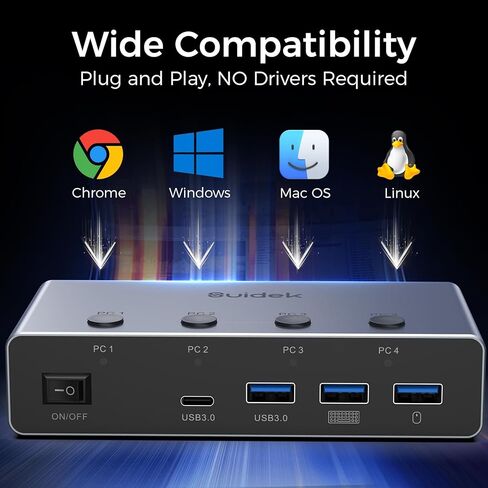 محول SUIDEK 8K@60 هرتز HDMI KVM 4 أجهزة كمبيوتر وشاشة واحدة - 4 منافذ USB 3.0 (3A+1C) مفاتيح KVM من الألومنيوم، مشاركة طابعة ماوس لوحة المفاتيح - تتضمن 4 كابلات USB، وحدة تحكم سطح المكتب ومحول طاقة 12 فولت in Kuwait
