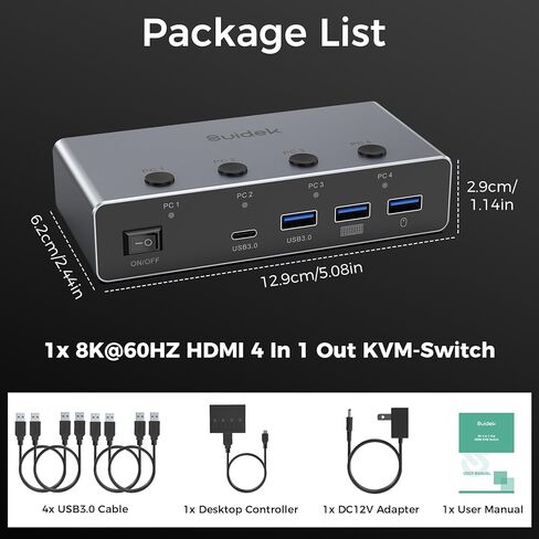 محول SUIDEK 8K@60 هرتز HDMI KVM 4 أجهزة كمبيوتر وشاشة واحدة - 4 منافذ USB 3.0 (3A+1C) مفاتيح KVM من الألومنيوم، مشاركة طابعة ماوس لوحة المفاتيح - تتضمن 4 كابلات USB، وحدة تحكم سطح المكتب ومحول طاقة 12 فولت in Kuwait