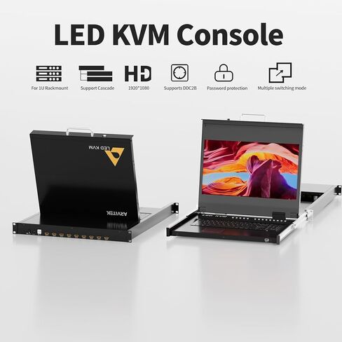 1U Rack Mount KVM Console, Arvitek 17.3" LCD Monitor KVM Switch 8 Port HDMI w/Cables, 1080P, Built-in Keyboard Touchpad, Fits 19" Rackmount Cabinet (Depth 600–810mm) in Saudi Arabia