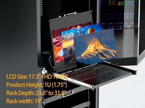 1U Rack Mount KVM Console, Arvitek 17.3" LCD Monitor KVM Switch 8 Port HDMI w/Cables, 1080P, Built-in Keyboard Touchpad, Fits 19" Rackmount Cabinet (Depth 600–810mm) in Saudi Arabia