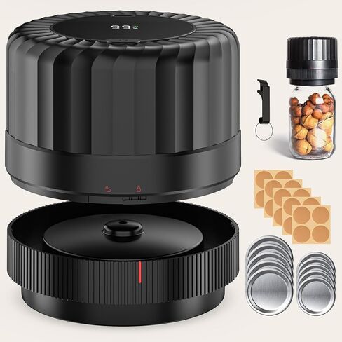 HTPOW Electric Mason Jar Vacuum Sealer - مجموعة سدادة مكنسة ماسون أوتوماتيكية بالكامل لجميع برطمانات الماسون ذات الأغطية العادية وأغطية الفم العريضة، أداة يجب اقتناؤها للأطعمة المعلبة/مخزن المؤن - أسود in Kuwait