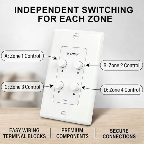 Herdio in-Wall Speaker Selector Switch - 4 Channel Home Audio Speakers Controller for Pair of Speakers - Support 120W Peak Power Per Channel in Saudi Arabia