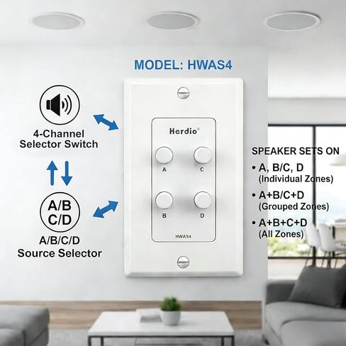 Herdio in-Wall Speaker Selector Switch - 4 Channel Home Audio Speakers Controller for Pair of Speakers - Support 120W Peak Power Per Channel in Saudi Arabia