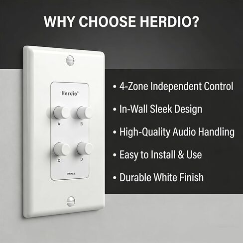 Herdio in-Wall Speaker Selector Switch - 4 Channel Home Audio Speakers Controller for Pair of Speakers - Support 120W Peak Power Per Channel in Saudi Arabia
