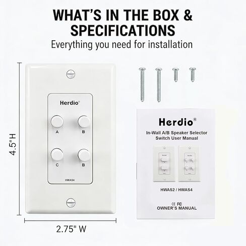 Herdio in-Wall Speaker Selector Switch - 4 Channel Home Audio Speakers Controller for Pair of Speakers - Support 120W Peak Power Per Channel in Saudi Arabia