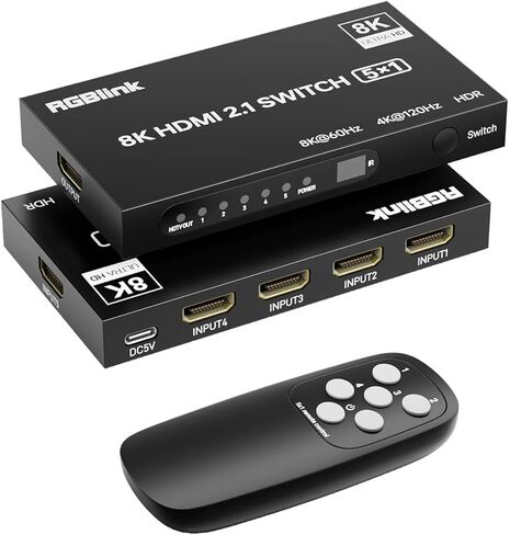 محول HDMI RGBlink 8K 5 في 1، موزع HDMI 8K@60 هرتز/4K@120 هرتز مع جهاز تحكم عن بعد، 5 منافذ HDMI 2.1، متوافق مع PS5/4، Xbox، Fire TV Stick، Blu-Ray، HDTV، شاشة، جهاز عرض in Kuwait