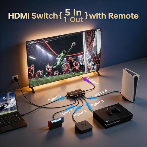محول HDMI RGBlink 8K 5 في 1، موزع HDMI 8K@60 هرتز/4K@120 هرتز مع جهاز تحكم عن بعد، 5 منافذ HDMI 2.1، متوافق مع PS5/4، Xbox، Fire TV Stick، Blu-Ray، HDTV، شاشة، جهاز عرض in Kuwait
