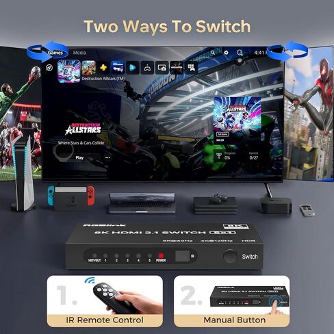 محول HDMI RGBlink 8K 5 في 1، موزع HDMI 8K@60 هرتز/4K@120 هرتز مع جهاز تحكم عن بعد، 5 منافذ HDMI 2.1، متوافق مع PS5/4، Xbox، Fire TV Stick، Blu-Ray، HDTV، شاشة، جهاز عرض in Kuwait