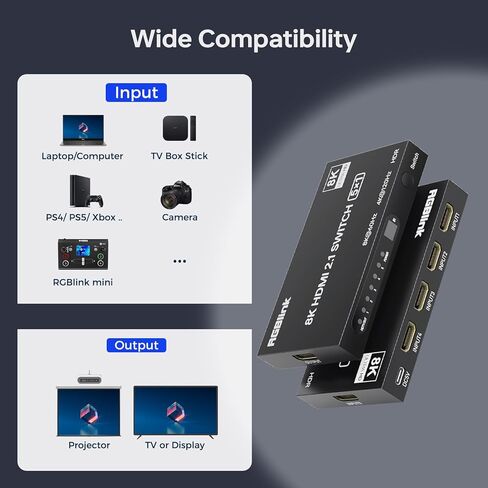 محول HDMI RGBlink 8K 5 في 1، موزع HDMI 8K@60 هرتز/4K@120 هرتز مع جهاز تحكم عن بعد، 5 منافذ HDMI 2.1، متوافق مع PS5/4، Xbox، Fire TV Stick، Blu-Ray، HDTV، شاشة، جهاز عرض in Kuwait