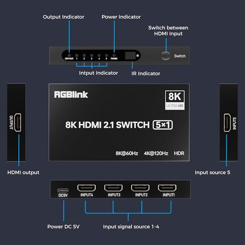 محول HDMI RGBlink 8K 5 في 1، موزع HDMI 8K@60 هرتز/4K@120 هرتز مع جهاز تحكم عن بعد، 5 منافذ HDMI 2.1، متوافق مع PS5/4، Xbox، Fire TV Stick، Blu-Ray، HDTV، شاشة، جهاز عرض in Kuwait