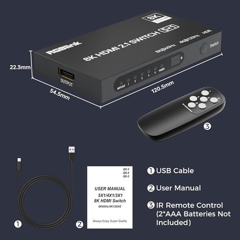 محول HDMI RGBlink 8K 5 في 1، موزع HDMI 8K@60 هرتز/4K@120 هرتز مع جهاز تحكم عن بعد، 5 منافذ HDMI 2.1، متوافق مع PS5/4، Xbox، Fire TV Stick، Blu-Ray، HDTV، شاشة، جهاز عرض in Kuwait