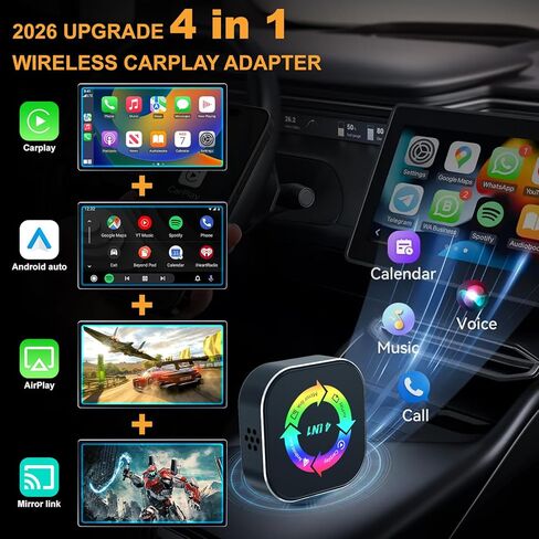 محول Carplay اللاسلكي المحسن لعام 2026، 4 في 1 شاشة النسخ المتطابق يدعم رابط المرآة/AirPlay لـ Apple CarPlay وAndroid Auto in Kuwait