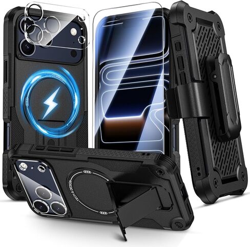 Caka for iPhone 17 Pro Max Phone Case with Belt Clip Holster [Compatible with MagSafe] [HD Screen & Camera Lens Protector] [Invisible Kickstand] Military Grade Shockproof Rugged Magnetic Cover in Saudi Arabia