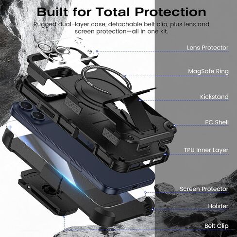 Caka for iPhone 17 Pro Max Phone Case with Belt Clip Holster [Compatible with MagSafe] [HD Screen & Camera Lens Protector] [Invisible Kickstand] Military Grade Shockproof Rugged Magnetic Cover in Saudi Arabia