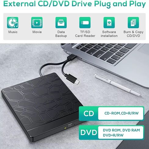 محرك أقراص DVD خارجي USB 3.0 نوع C ناسخ أقراص مضغوطة محمول CD +/-RW محرك أقراص DVD لمشغل ROM Rewriter متوافق مع أجهزة الكمبيوتر المحمول المكتبية Windows MacBook Linux Mac OS in Saudi Arabia