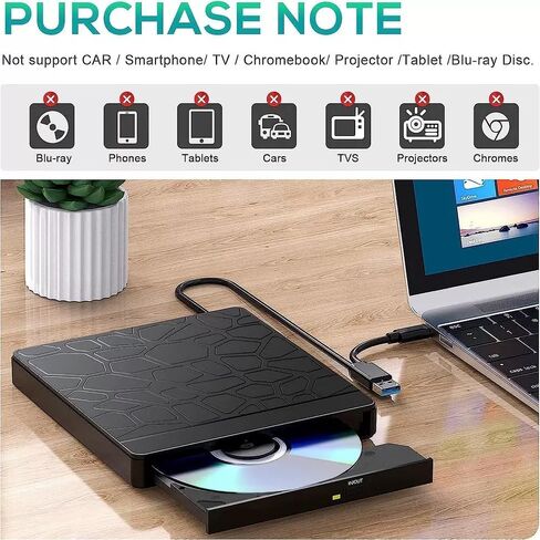 محرك أقراص DVD خارجي USB 3.0 نوع C ناسخ أقراص مضغوطة محمول CD +/-RW محرك أقراص DVD لمشغل ROM Rewriter متوافق مع أجهزة الكمبيوتر المحمول المكتبية Windows MacBook Linux Mac OS in Saudi Arabia