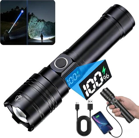LCD Digital Display Rechargeable Flashlight, 5 Modes with USB Charge & Discharge, Waterproof Tactical Flash Light, Single Pack for Home Emergency, Camping & Hiking Security in Saudi Arabia